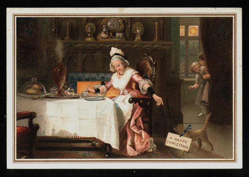 猫と一緒にお茶を飲む女性、クリスマスのグリーティングカード。(クロモリト) 作： 英語学校