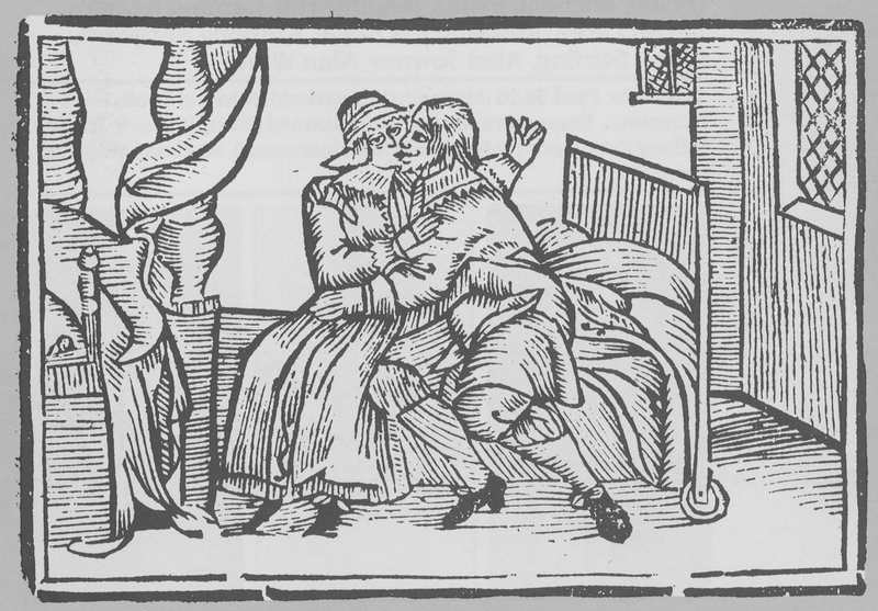 ベッドに座っている男女を描いた木版画 作： 英語学校