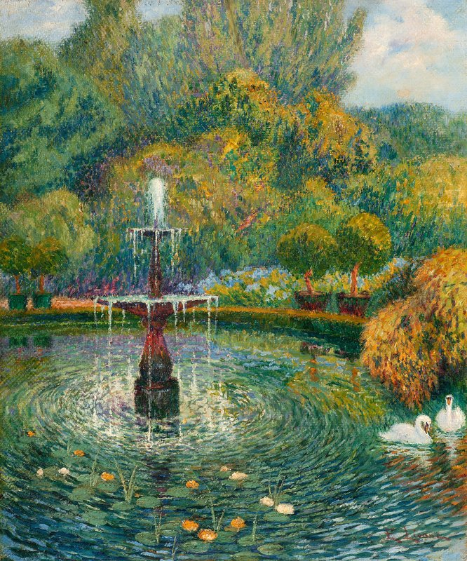 絵画　『噴水のある風景』　フランス・ゴブラン織り使用　良質キャンバス　豪華　額絵 Enrico_della_Lionne_-