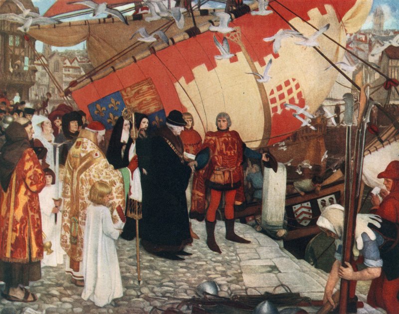 ジョンとセバスチャンキャボットがブリストルから出航した最初の発見航海、1497年 作： アーネストボード