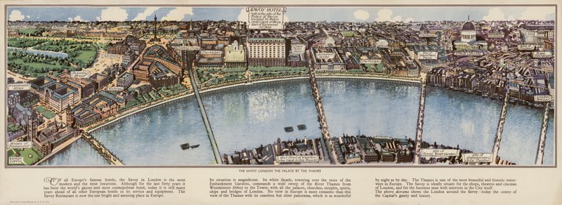 サヴォイ・ホテル・ロンドン鳥瞰図、1940年頃。(カラーリトグラフ） 作： アーネスト(後)の棺