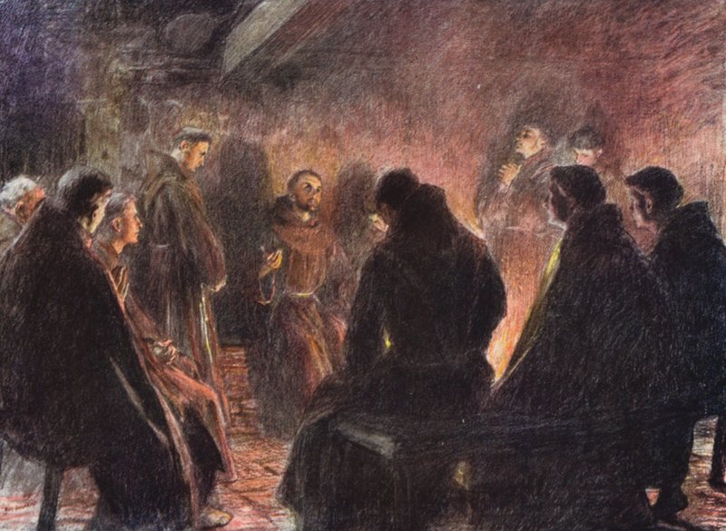 聖フランシスコと修道士たちの神の講話（カラーリトグラフ） 作： ユージーン (後) バーナンド