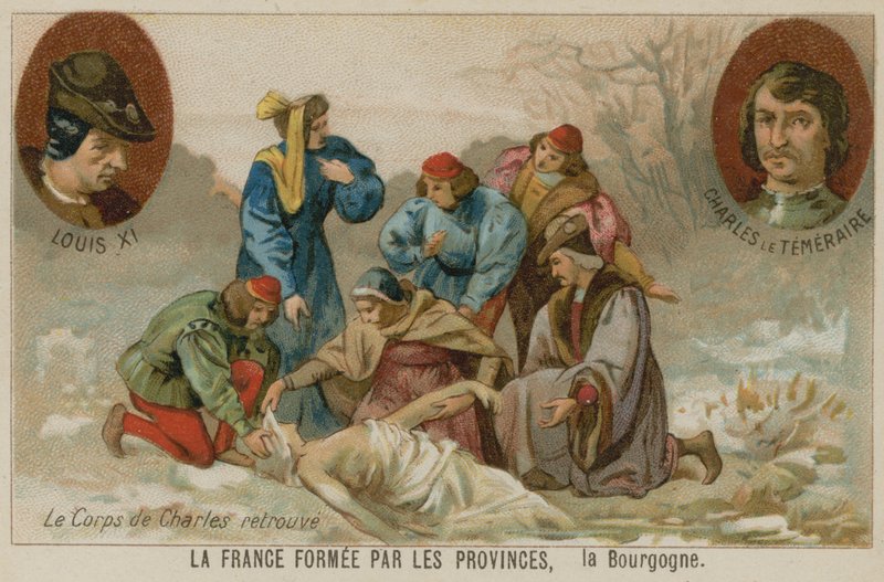 1477年のナンシーの戦いの後、ブルゴーニュ公チャールズザボールドの遺体を取り戻す 作： ヨーロピアンスクール