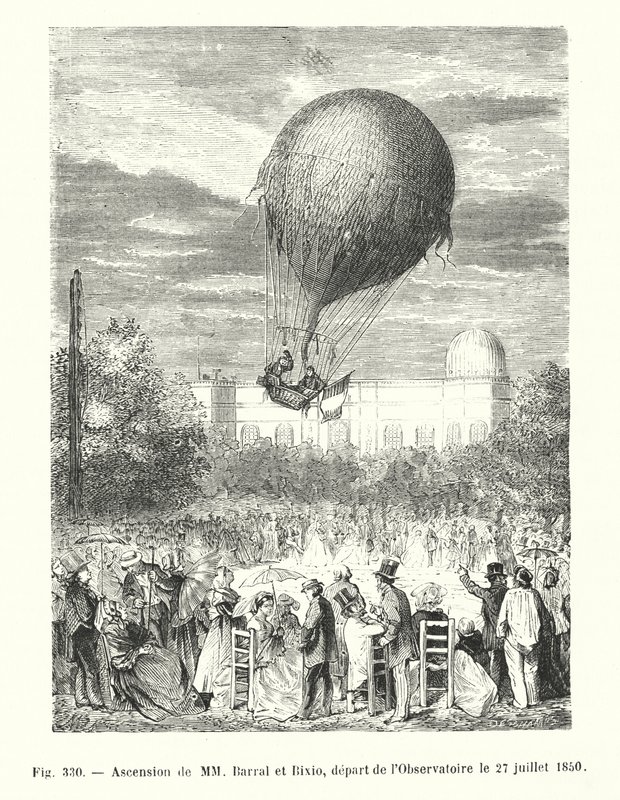 1850年7月27日に天文台を出発したMMバラルとビクシオの登頂（エングレーヴィング 作： ヨーロピアンスクール