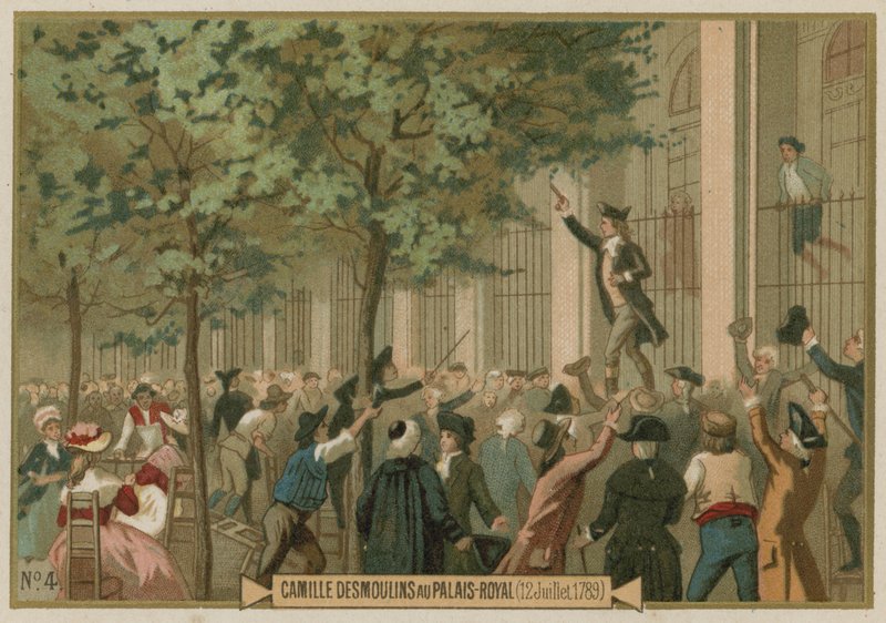 カミーユデスムーランは1789年7月12日、フランス革命、パリのパレロワイヤルの外で彼の武器を呼びかけました 作： ヨーロピアンスクール
