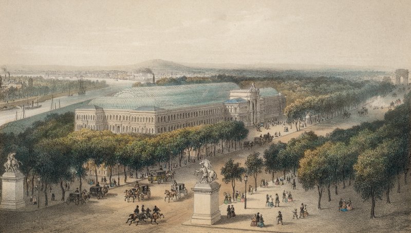 1855年フランス、パリ万国博覧会のために建設されたシャンゼリゼ通りと工業宮（カラーリトグラフ） 作： ヨーロピアンスクール