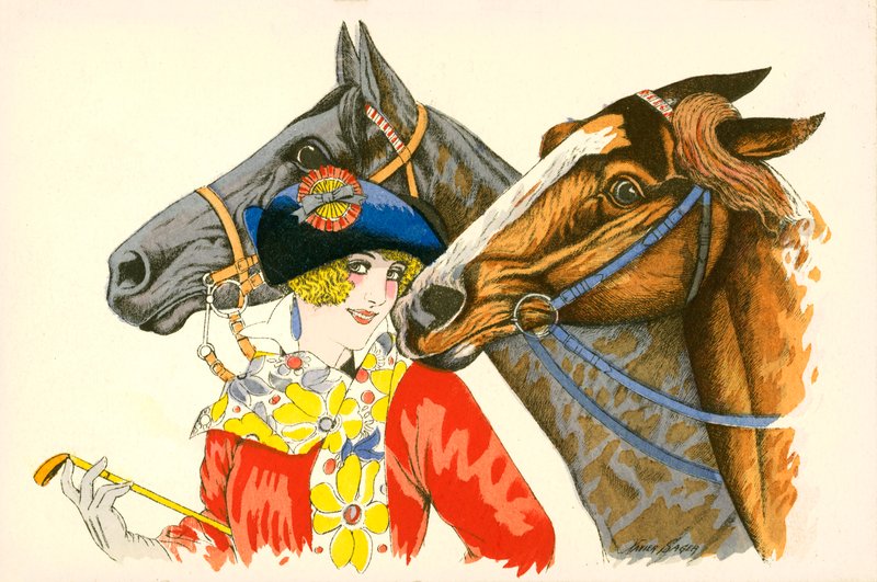 ロゼットのついたベレー帽をかぶり、2頭の馬を連れたコケティッシュでカラフルな服装の女性（カラーリトグラフ） 作： ヨーロピアンスクール