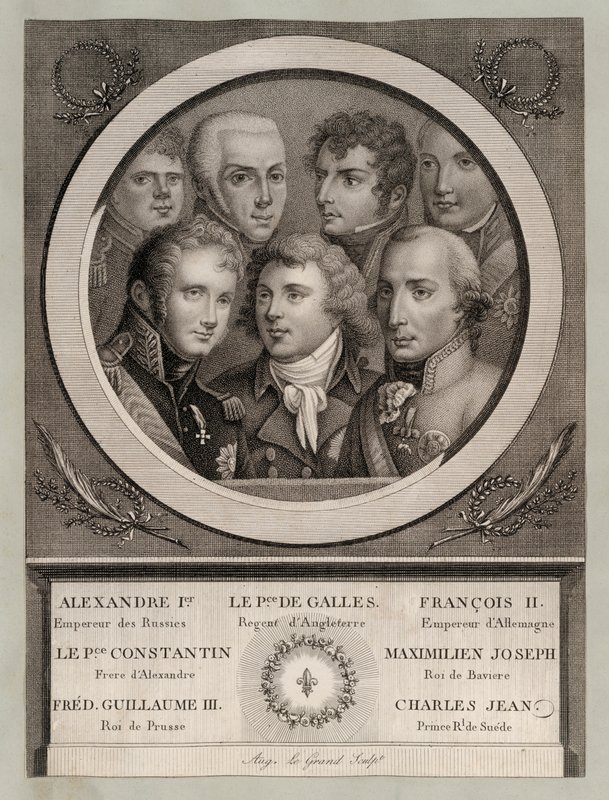 Europäische Könige des frühen 19. Jahrhunderts: Zar Alexander I. von Russland; George, Prinz von Wales, Regent von König George III.; Franz II., Heiliger Römischer Kaiser; Großherzog Konstantin Pawlowitsch von Russland; Maximilian Joseph, König von Bayern  von European School