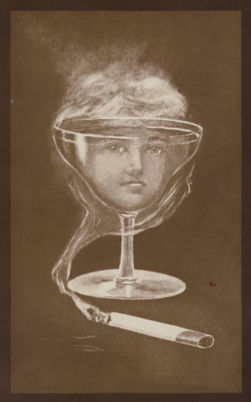 ワイングラスと煙草の煙によって作られた女性の顔のイメージ、c1917（リトグラフ） 作： ヨーロピアンスクール