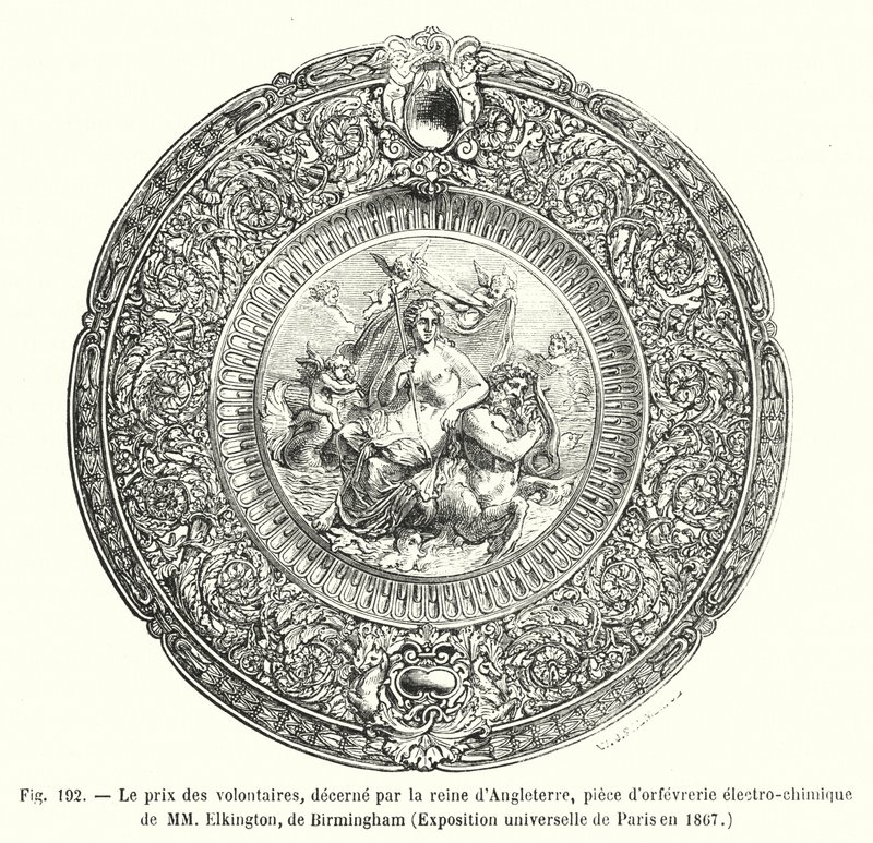 1867年のパリ万国博覧会で英国女王から授与されたボランティア賞、バーミンガムのエルキントン氏による電気化学金細工の作品（エングレービング 作： ヨーロピアンスクール