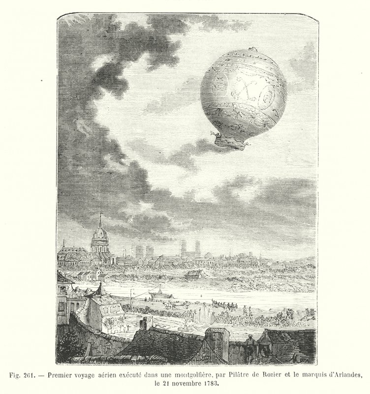1783年11月21日、ピラトル・ドゥ・ロジエとアーランド侯爵による熱気球での初の空中飛行（エングレーヴィング 作： ヨーロピアンスクール