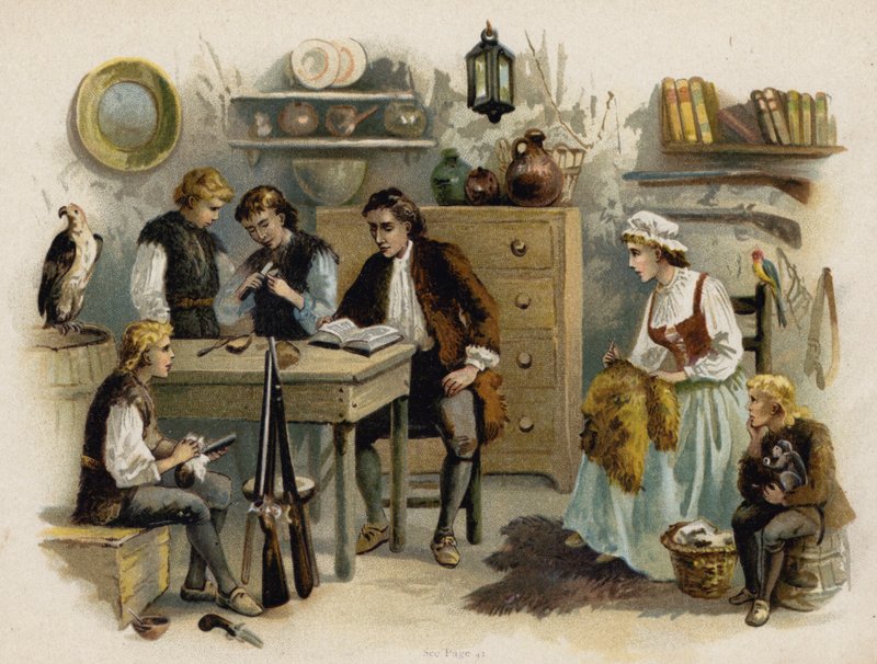 The Swiss Family Robinson のシーン: ロック キャッスル (chromolitho) で家族に本を読んでいる父 作： フィレンツェメープルストーン