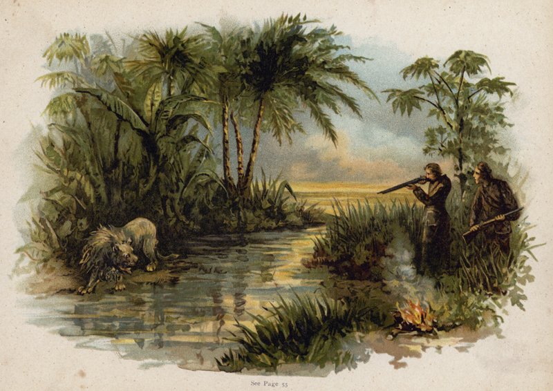 The Swiss Family Robinson: Hunting the Lion (chromolitho) のシーン 作： フィレンツェメープルストーン