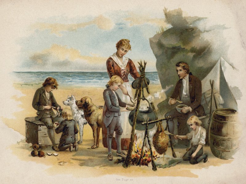 The Swiss Family Robinson のシーン: 最初の遠征後の夕食の時間 (chromolitho) 作： フィレンツェメープルストーン