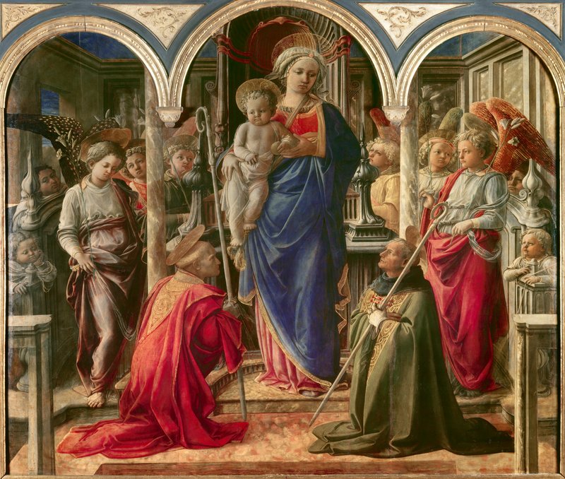 天使に囲まれた聖母子、聖フレディアーノ（Fridianus de Lucca または