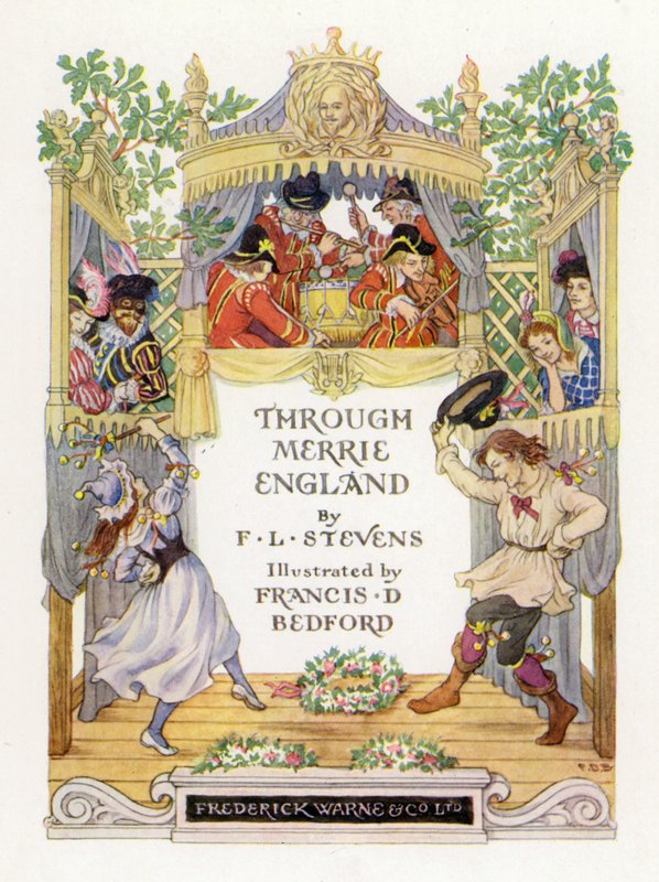 Through Merrie England』のタイトル・ページ・イラスト（カラーリトグラフ） 作： フランシス・ドンキン・ベッドフォード