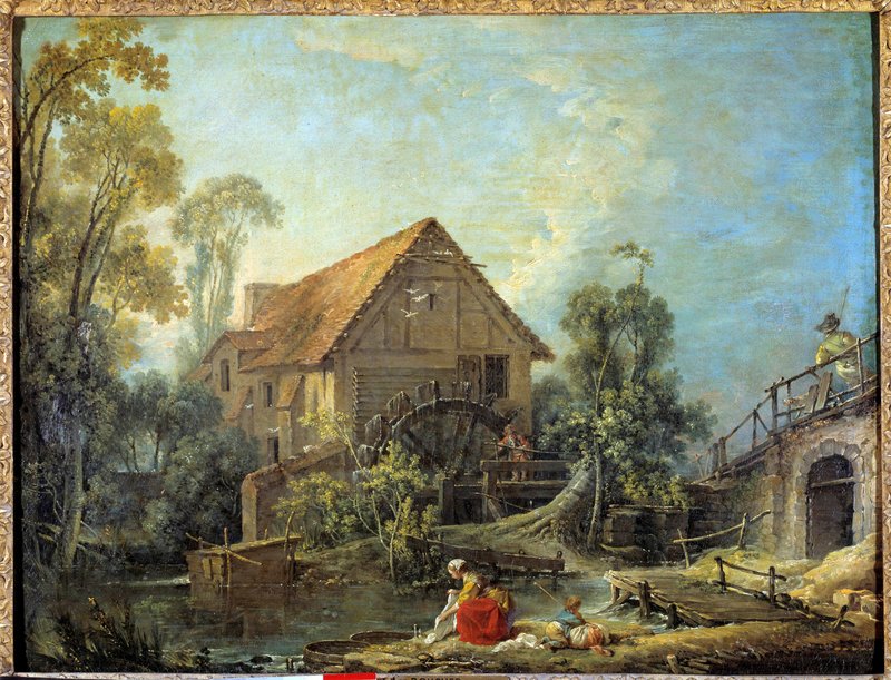 フランソワ ブーシェ、【水車のある風景】、希少画集画、状態良好 Francois_Boucher_-