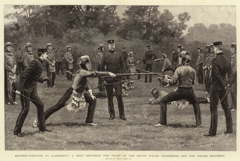 サウスウェールズ国境地帯のチームとウェールズ連隊の試合、アルダーショットでの銃剣戦 作： フランク・ダッド