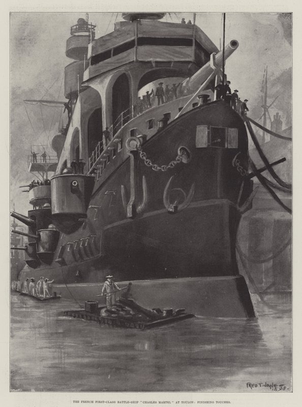 トゥーロンでのフランス一等戦艦チャールズマーテル、仕上げ 作： フレッド・T・ジェーン