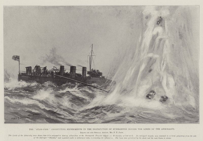 海軍大将の前での潜水艦破壊の実験を行っているスターフィッシュ 作： フレッド・T・ジェーン