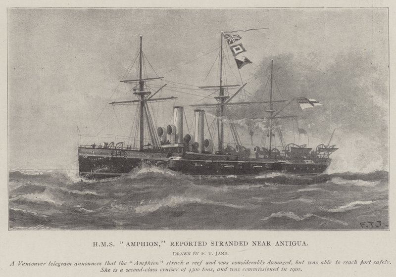 HMS Amphion、アンティグアの近くに座礁したと報告 作： フレッド・T・ジェーン
