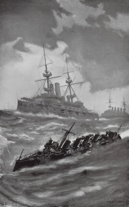 英仏海峡をクルージングするHMSマーズ、テリブル、ドラゴン（リトグラフ） 作： フレッド・T・ジェーン
