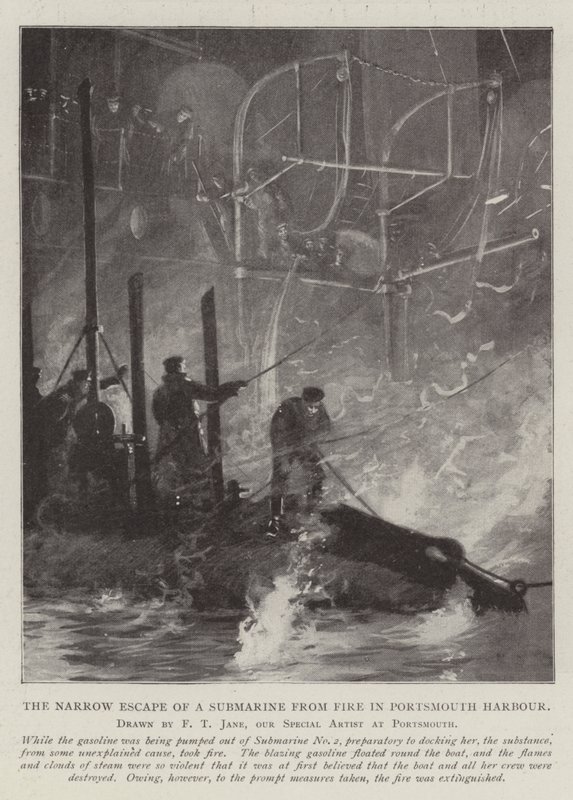 ポーツマス港の火からの潜水艦の狭い脱出 作： フレッド・T・ジェーン