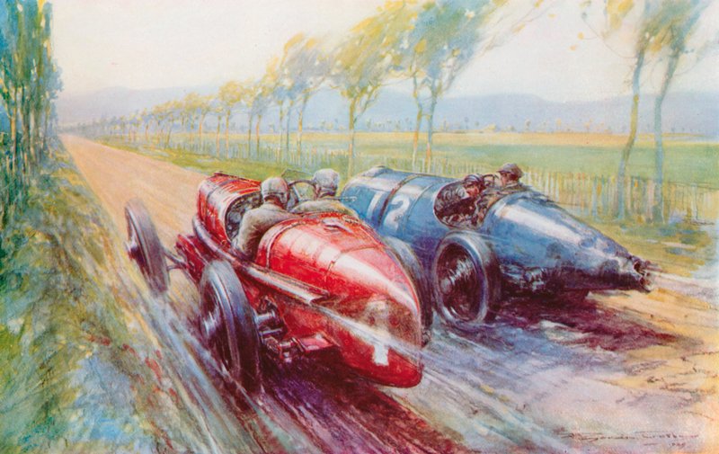 Felice Nazzaro は 1922 年のグランプリで優勝し、新しい非常に高速なフィアットの 1 台を操作しました (色はリソ色)。 作： フレデリックゴードン（後）クロスビー