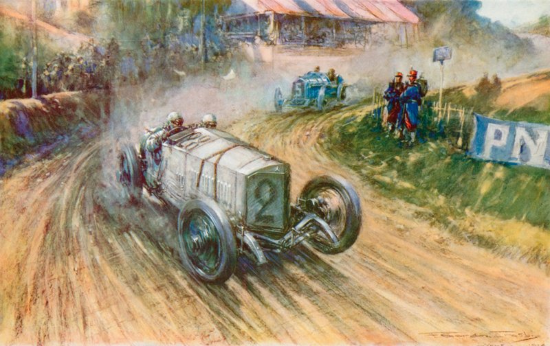 1914 年のグランプリで、ドイツのメルセデスと戦うラウテンシュラーガーと、フランスのプジョーと戦うボイヨ (色リソ) 作： フレデリックゴードン（後）クロスビー
