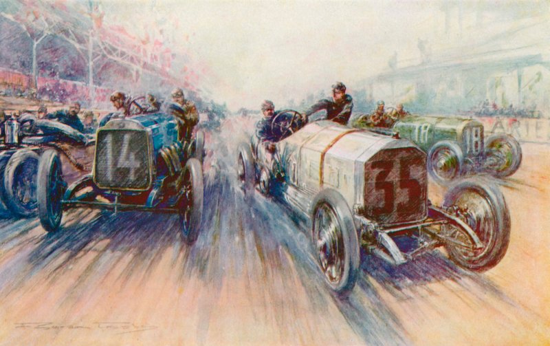 1908 年のグランプリでのラウテンシュラーガー ホワイト メルセデス、大量のタイヤが消費されたレース (カラー リソ) 作： フレデリックゴードン（後）クロスビー