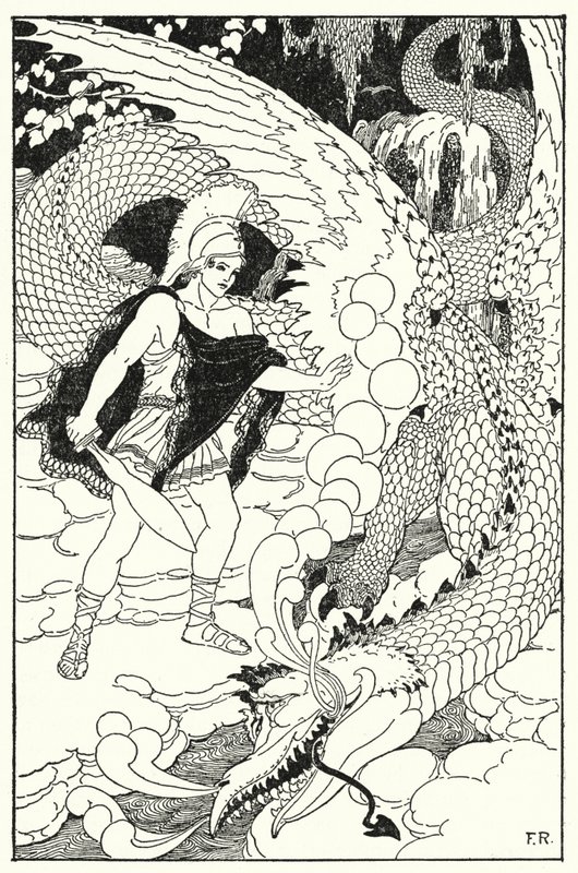 ドラゴンはカドマスの姿を見つけると、また忌まわしいヒス（リト）を仕掛けてきました。 作： フレデリック・リチャードソン