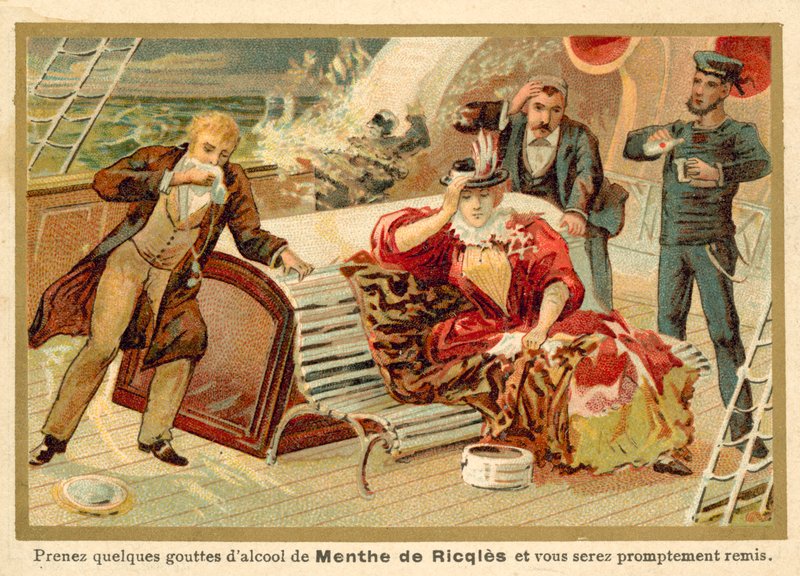 船酔いを治すために、Ricqlesミントスピリットを与えられている船の乗客 作： フランス語学校