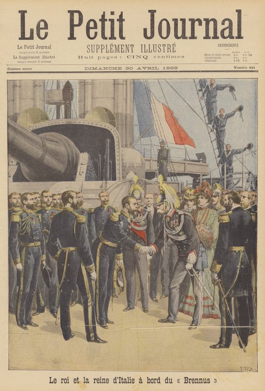 フランスの戦艦ブレヌスに搭乗するイタリアの王と女王 作： フランス語学校