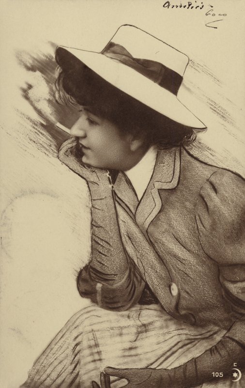 帽子をかぶって喫煙する若い女性（フォトコラージュ） 作： フランスの写真家