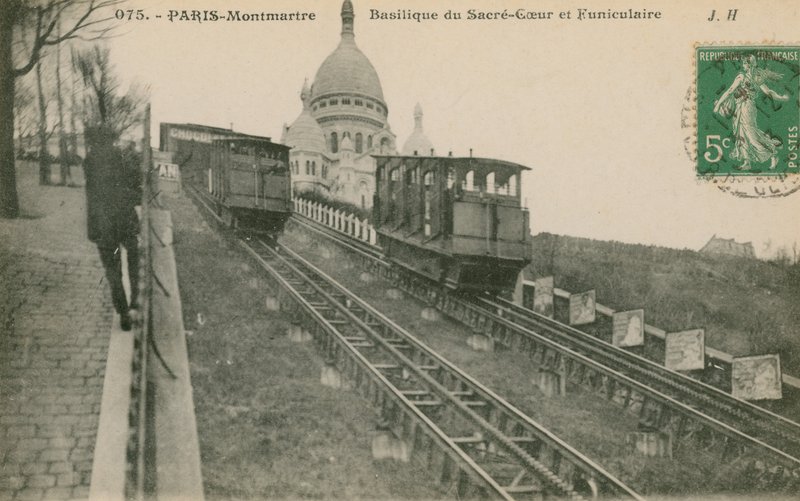 モンマルトルからパリのサクレクールまでのケーブルカー。 1913年に送られたはがき。 作： フランスの写真家
