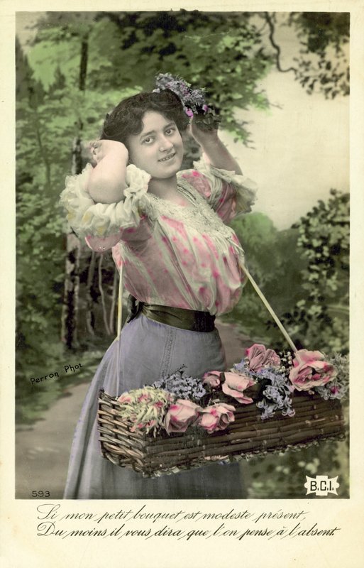 販売のための花を持つ少女 作： フランスの写真家