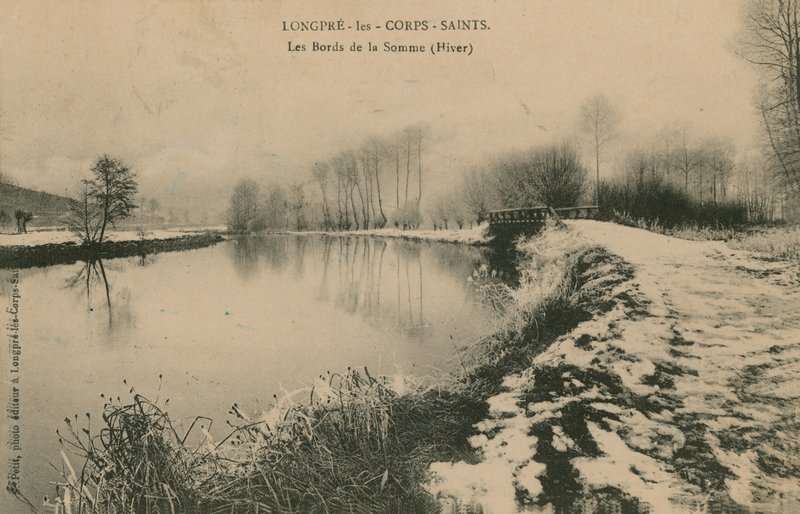 Longpre-les-Corps-Saints-冬のソンムのほとり。 1913年に送られたはがき。 作： フランスの写真家