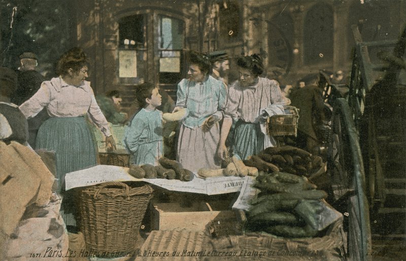 フランス、パリのレアールでの露店。 1913年に送られたはがき。 作： フランスの写真家
