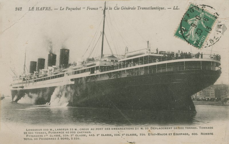 オーシャンライナーフランス、ルアーブル。 1913年に送られたはがき。 作： フランスの写真家