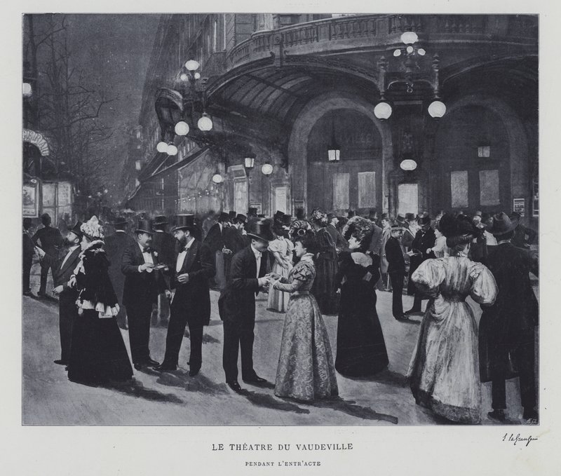 パリのヴォードヴィル劇場の外で、休憩中の様子（モノクロ写真 作： フランスの写真家