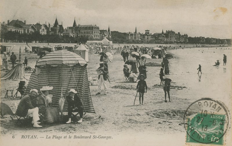 1913年に送られたビーチとフランス、ロワイヤンのサンジョルジュ大通りの絵葉書 作： フランスの写真家