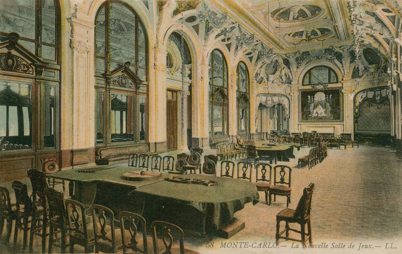 モンテカルロカジノの新しいゲームルーム。 1913年に送られたはがき。 作： フランスの写真家