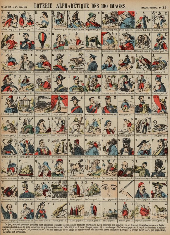 100枚の画像のアルファベット順のくじ（カラーの彫刻 作： フランス語学校