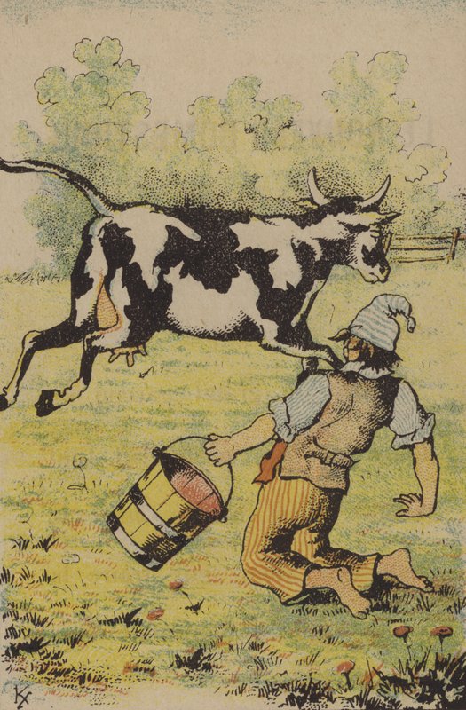 搾乳に失敗した牛（カラーリトグラフ 作： フランス語学校
