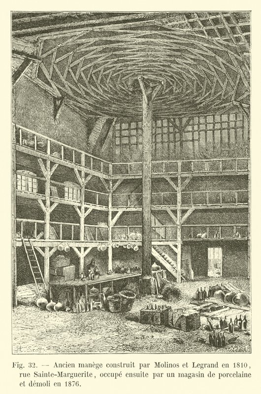 1810年にモリノスとルグランによって建設されたメリーゴーランド、サントマルグリット通り。その後、磁器店があり、1876年に解体されました。 作： フランス語学校