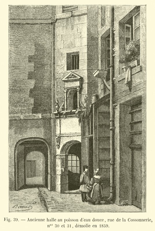 1859年に撤去された、淡水魚のある旧市場ホール、30番地と31番地、rue de la Cossonnerie 作： フランス語学校