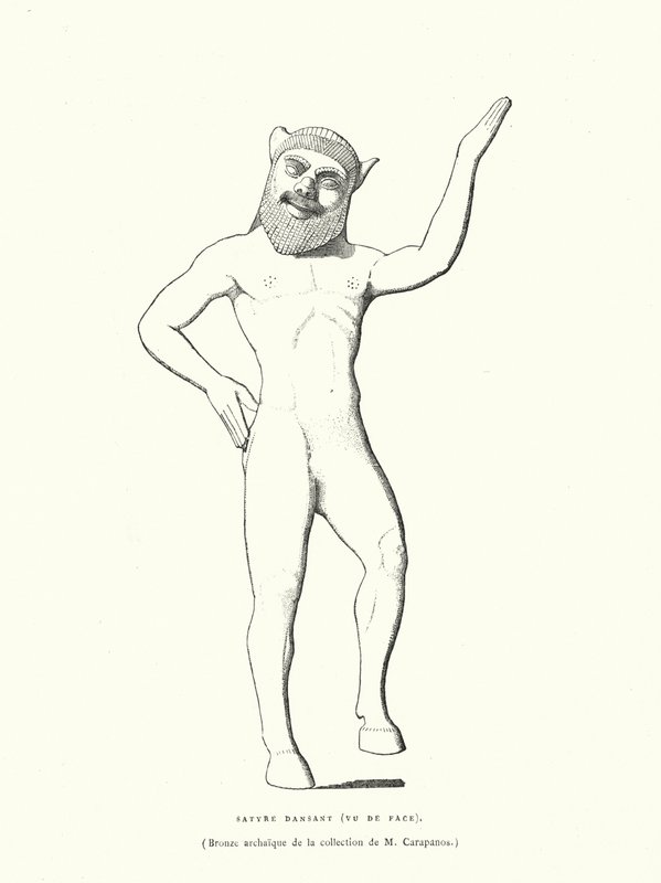 古代ギリシャの踊るサテュロスのブロンズ像（エングレービング 作： フランス語学校