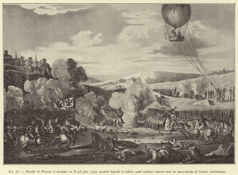 フルーラスの戦い、第二次世界大戦中の8日目（1794年6月26日）、軍用の捕虜となった気球がオーストリア軍の動きをすべて観察しているところ（エングレーヴィング 作： フランス語学校