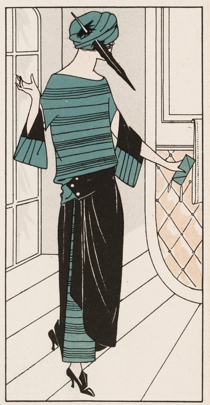 1920年代の黒とターコイズブルーのクレープデシン・ドレス（カラーリトグラフ） 作： フランス語学校