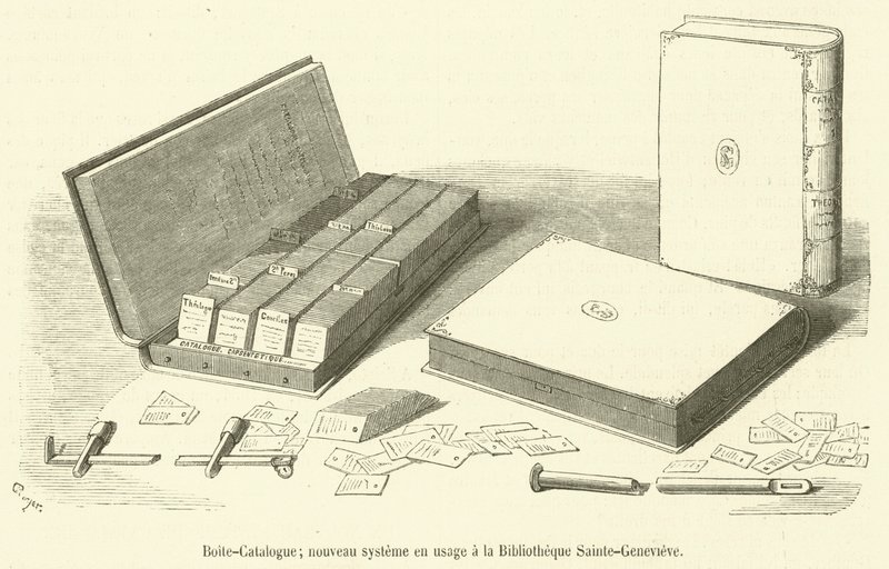サント・ジュヌヴィエーヴ図書館で使用されている新システム、カタログ・ボックス（彫刻 作： フランス語学校